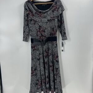 Danilo Boutique grey and wine knit cowl neck midi dress with belt career office